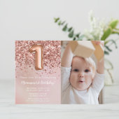 Invitation Photo Rose Gold Enfants Fille 1er anniversaire (Debout devant)