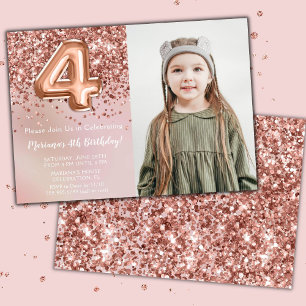 Invitation Photo Rose Gold Enfants Fille 4e anniversaire