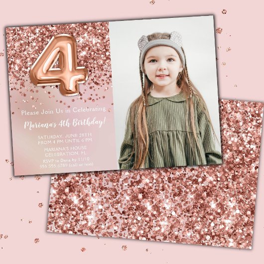 Invitation Photo Rose Gold Enfants Fille 4e anniversaire