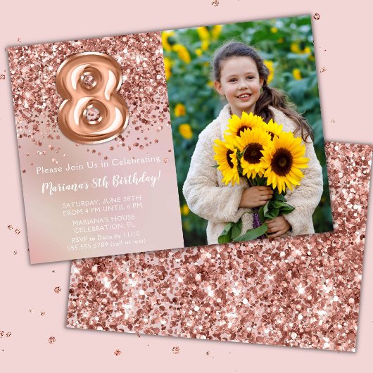 Invitation Photo Rose Gold Enfants Fille 8e anniversaire fête