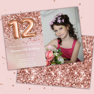 Invitation Photo Rose Gold Fête d'anniversaire de fille de 12