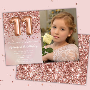 Invitation Photo Rose Gold Kids Girl 11e fête d'anniversaire