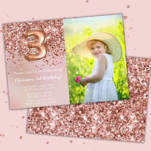 Invitation Photo Rose Gold Kids Girl 3e fête d'anniversaire