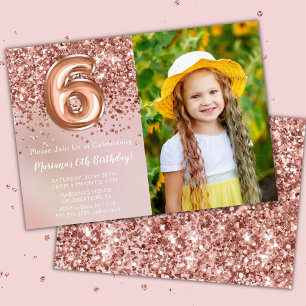 Invitation Photo Rose Gold Kids Girl 6e fête d'anniversaire