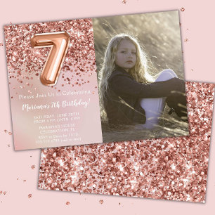Invitation Photo Rose Gold Kids Girl 7e fête d'anniversaire