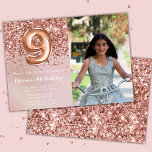 Invitation Photo Rose Gold Kids Girl 9e fête d'anniversaire<br><div class="desc">Rose photo or 9 anniversaire invitation pour une fille de 9 ans avec écriture de script élégante et des ballons de papier amusant.</div>