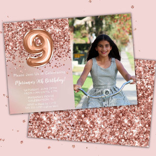 Invitation Photo Rose Gold Kids Girl 9e fête d'anniversaire
