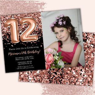 Invitation Photo Rose Gold Noir Paillettes 12e Anniversaire