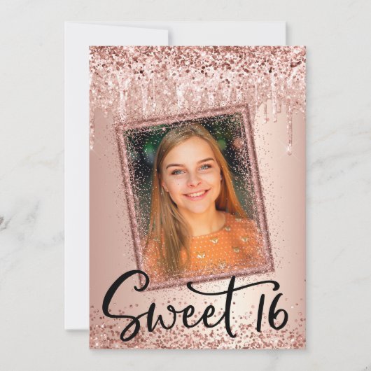 Invitation Photo Rose Gold Parties scintillant Drip Girly Mod (Devant)