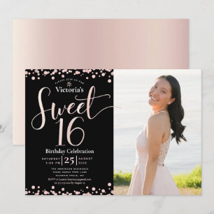 Invitation Photo Rose Gold Rose Noir Anniversaire 16 Glamour