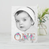 Invitation Photo Rose or floral lettre 1er anniversaire blush (Debout devant)