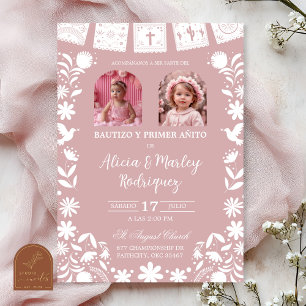 Invitation Photo Rose Pâle Cielito Lindo Filles Jumelles Bapt