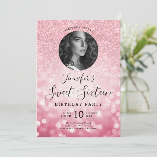 Invitation PHOTO Rose Parties scintillant or Bokeh Sweet 16 (Debout devant)
