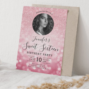 Invitation PHOTO Rose Parties scintillant or Bokeh Sweet 16