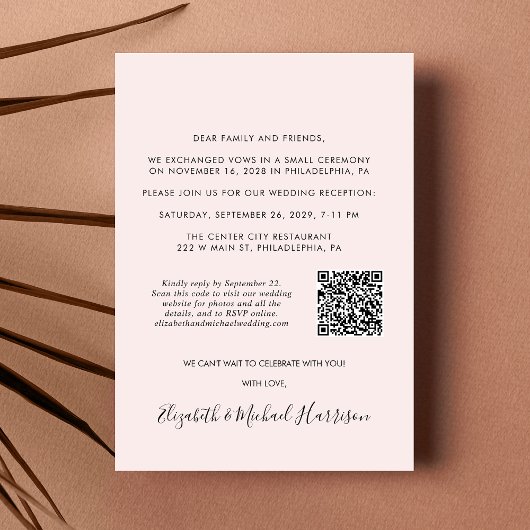Invitation Photo rose QR Code Réception de mariage