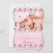 Invitation Photo Rose Rose Floral Baptême bébé fille (Devant)