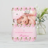 Invitation Photo Rose Rose Floral Baptême bébé fille (Debout devant)