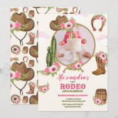 Invitation Photo Rose Western Premier Anniversaire Rodéo bébé (Devant / Derrière)