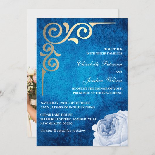 Invitation Photo Royal Blue and Gold Frame Mariage (Devant / Derrière)