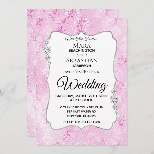 Invitation *~* Photo - RSVP - QR Diamond Mariage damassé (Devant / Derrière)