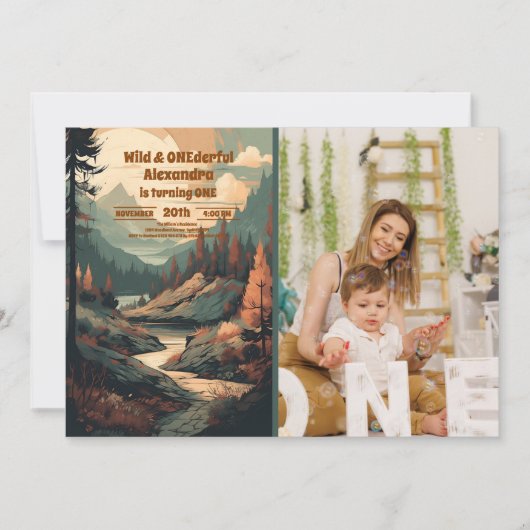 Invitation Photo Rustic Mountain Forest 1er anniversaire (Devant)