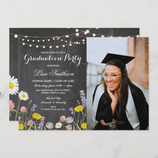 Invitation Photo rustique de fleurs sauvages de craie de fête (Devant / Derrière)