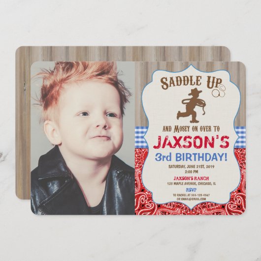 Invitation Photo rustique de garçon occidental d'anniversaire (Devant / Derrière)