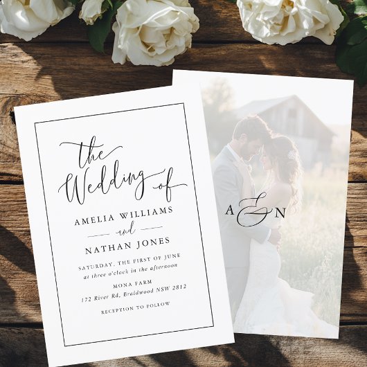 Invitation Photo Rustique Script Noir Blanc Mariage  