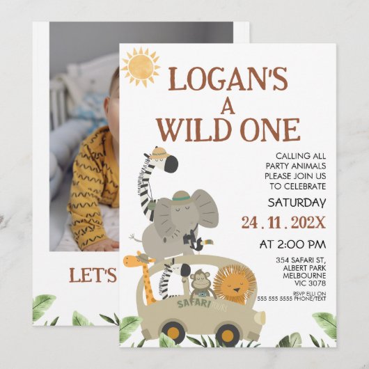 Invitation Photo Safari Bus Boys Wild One Birthday (Devant / Derrière)