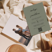 Invitation Photo Sage Green & Black Script QR Code Mariage