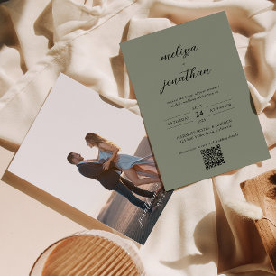 Invitation Photo Sage Green & Black Script QR Code Mariage
