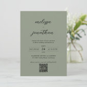 Invitation Photo Sage Green & Black Script QR Code Mariage (Debout devant)