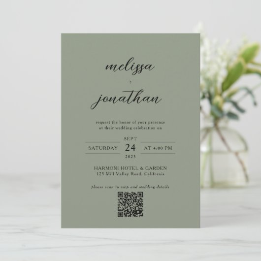 Invitation Photo Sage Green & Black Script QR Code Mariage (Debout devant)