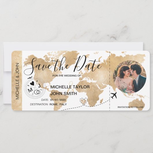Invitation Photo Save the Date Boarding Pass World Map (Devant)