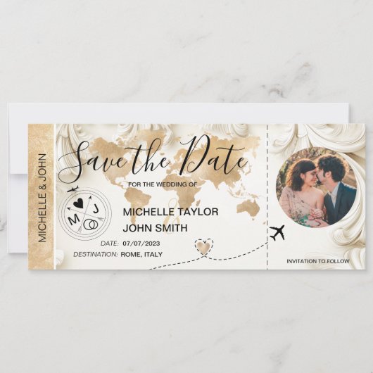 Invitation Photo Save the Date Boarding Pass World Map (Devant)