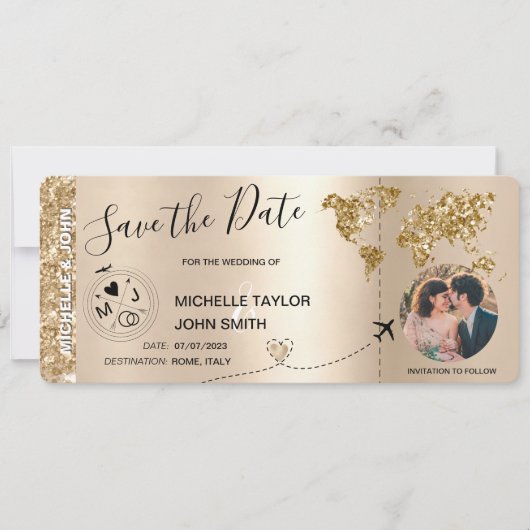 Invitation Photo Save the Date Boarding Pass World Map (Devant)