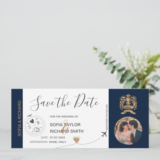 Invitation Photo Save the Date Boarding Pass World Map (Debout devant)