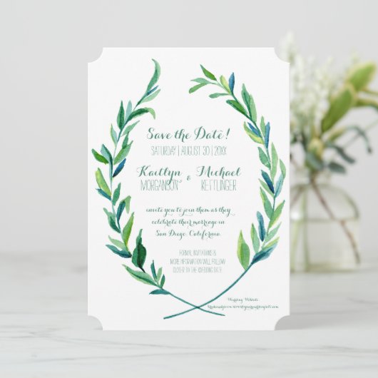 Invitation Photo Save the Date Laurel Wreath Olive Leaf Art (Debout devant)