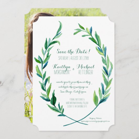 Invitation Photo Save the Date Laurel Wreath Olive Leaf Art (Devant / Derrière)