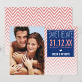 Invitation PHOTO SAVE THE DATE ombre chevron coral marine ble (Devant / Derrière)