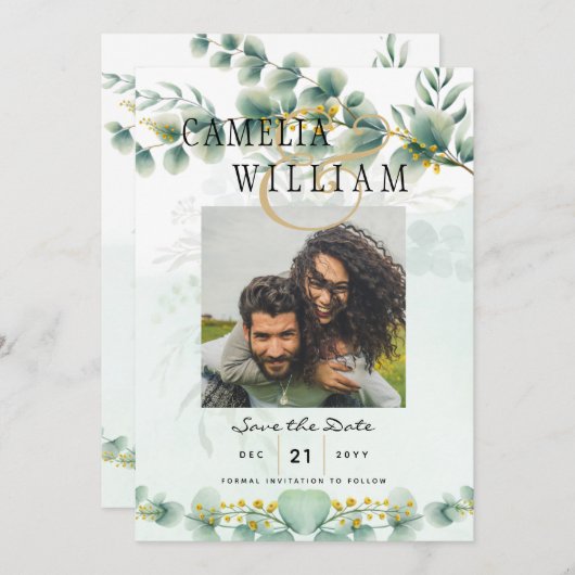 Invitation Photo Save the Dates Eucaluptus Gold Modern (Devant / Derrière)