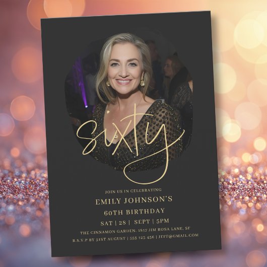 Invitation Photo Script noir et or 60e anniversaire