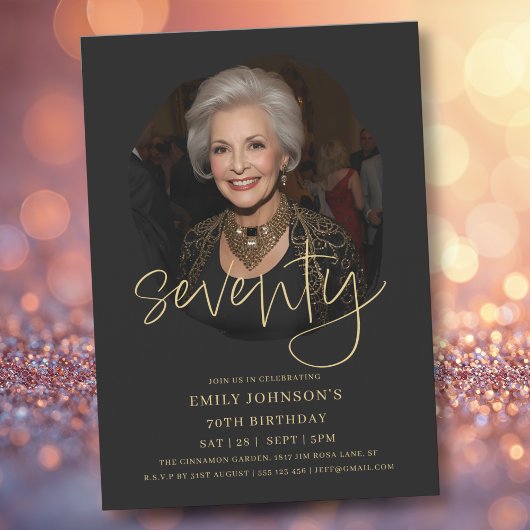Invitation Photo Script noir et or 70e anniversaire