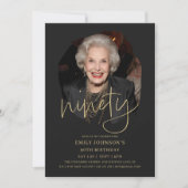 Invitation Photo Script noir et or 90e anniversaire (Devant)