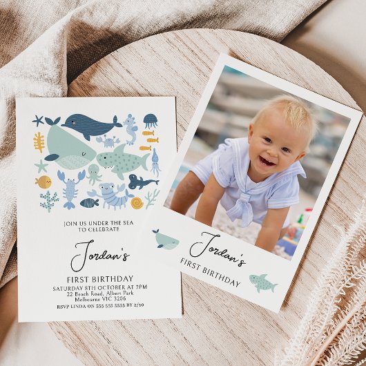 Invitation Photo Sea Creatures Garçons 1er anniversaire