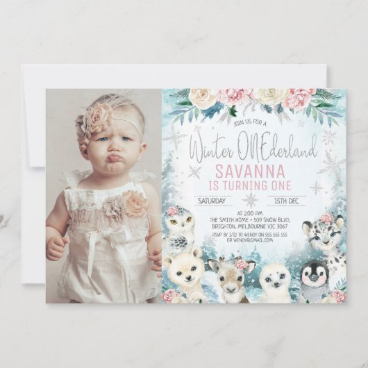 Invitation Photo Silver Arctic Winter Onederland Anniversaire (Devant)