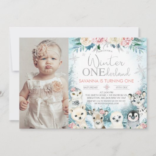 Invitation Photo Silver Arctic Winter Onederland Anniversaire (Devant)