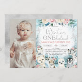 Invitation Photo Silver Arctic Winter Onederland Anniversaire (Devant / Derrière)