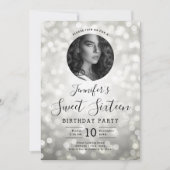 Invitation Photo Silver Bokeh Lights Sweet 16 Party (Devant)