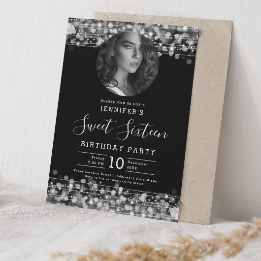 Invitation PHOTO Silver Sparkles Sweet 16 Anniversaire